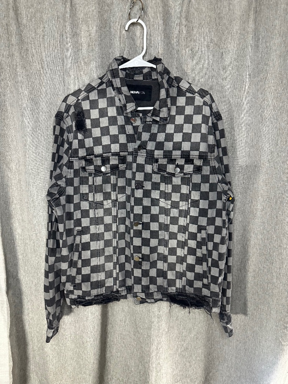 NovaMen by Fashion Nova Distressed Checkered Denim Jacket Black Wash- Est M/L
